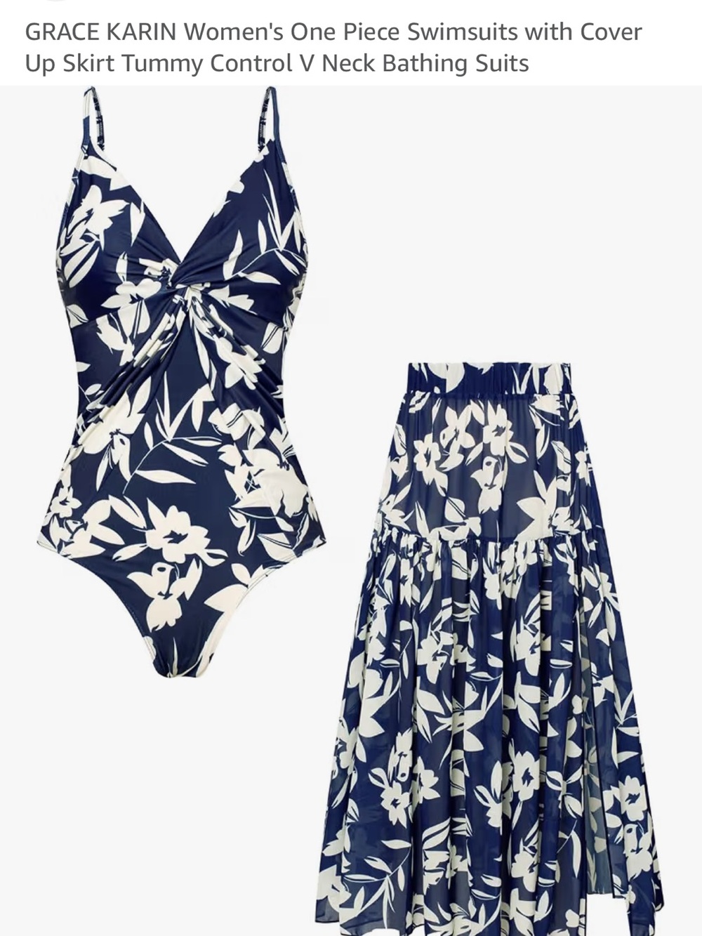 Grace Karin Navy & White Floral One-Piece Swimsuit with Matching Cover-Up Skirt